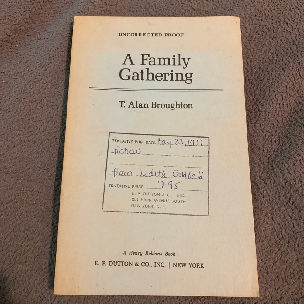 Family Gathering Hardcover T. Alan Broughton Uncorrected proof 1977